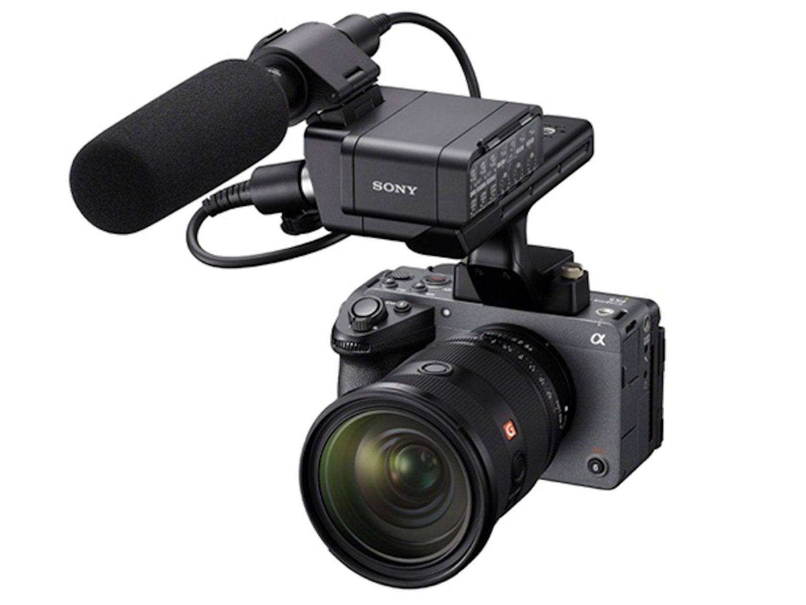Câmera Sony FX5 full-frame compacta com a unidade de handle XLR acoplada na parte superior.