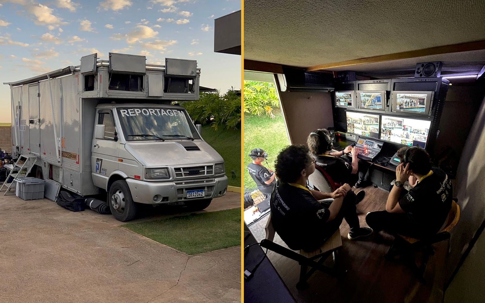 Montagem com duas fotos: a unidade móvel de transmissão estacionada no Rancho ao entardecer e, ao lado, a equipe operando a mesa de corte e o multiview dentro dela
