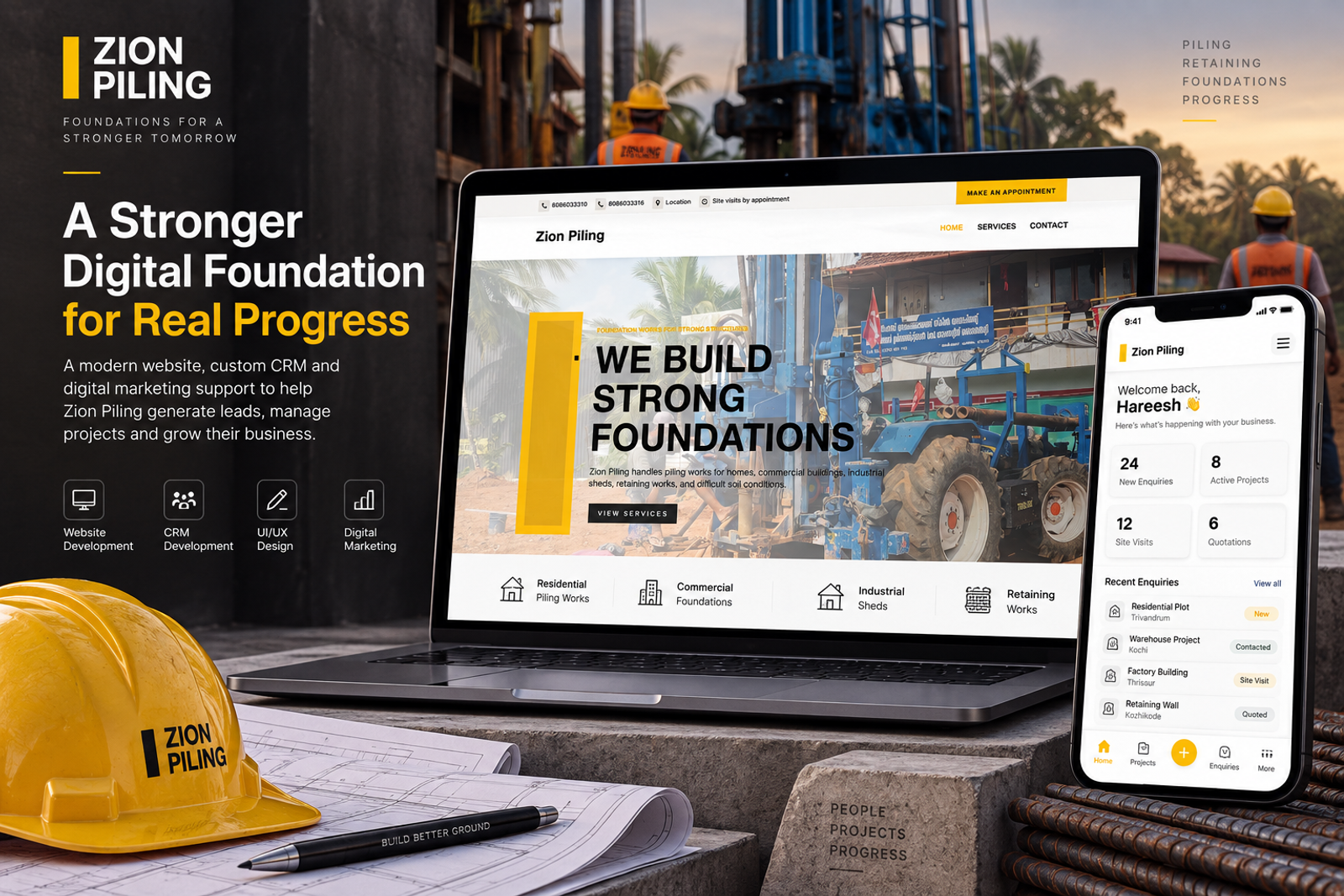 Zion Piling website and CRM showcasing piling services, foundation construction, customer enquiries and project management.