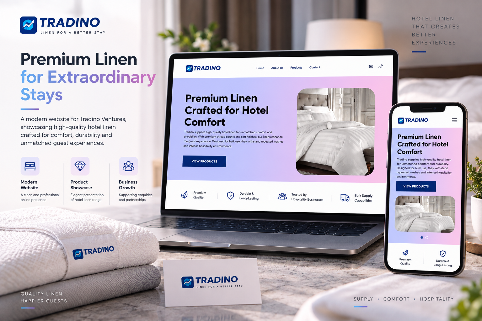 Tradino Ventures hotel linen website showcasing premium bedding and hospitality linen products.