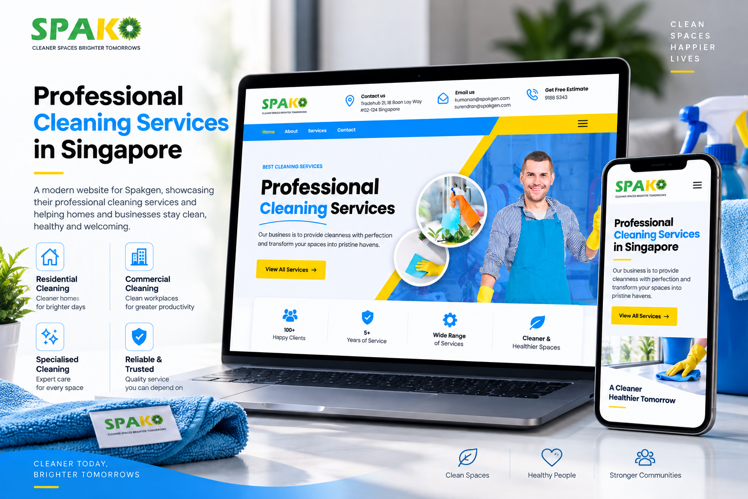 Spakgen professional cleaning services website featuring blue and yellow branding and cleaning service imagery.