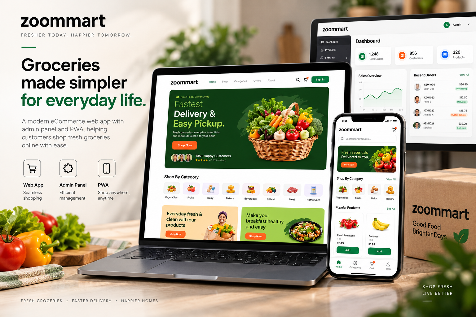 Zoommart grocery shopping web application showing fresh products, shopping categories, mobile PWA and administration dashboard.