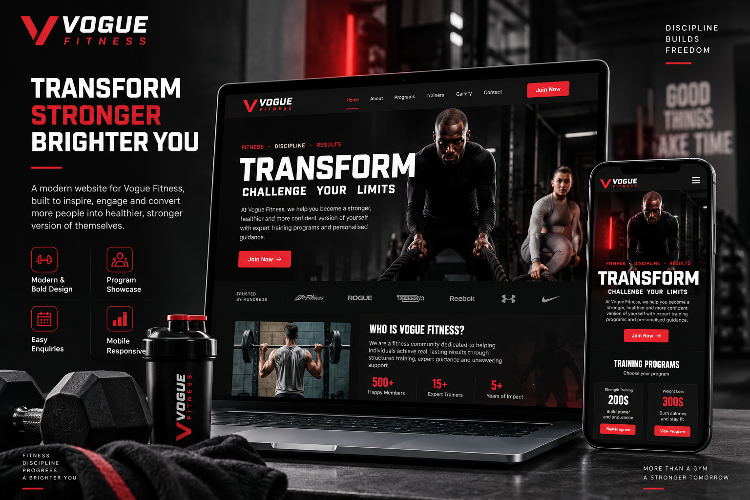 Vogue Fitness website featuring a dark fitness inspired interface with training programs, trainer profiles and membership calls to action.