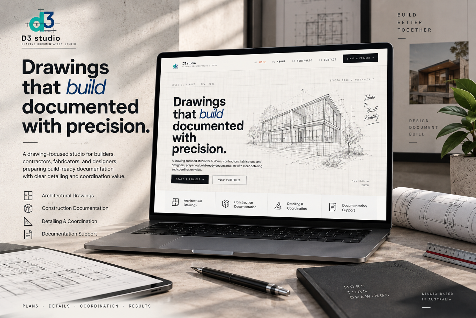 D3 Studio Australia drawing and documentation studio website featuring architectural typography and technical design elements.