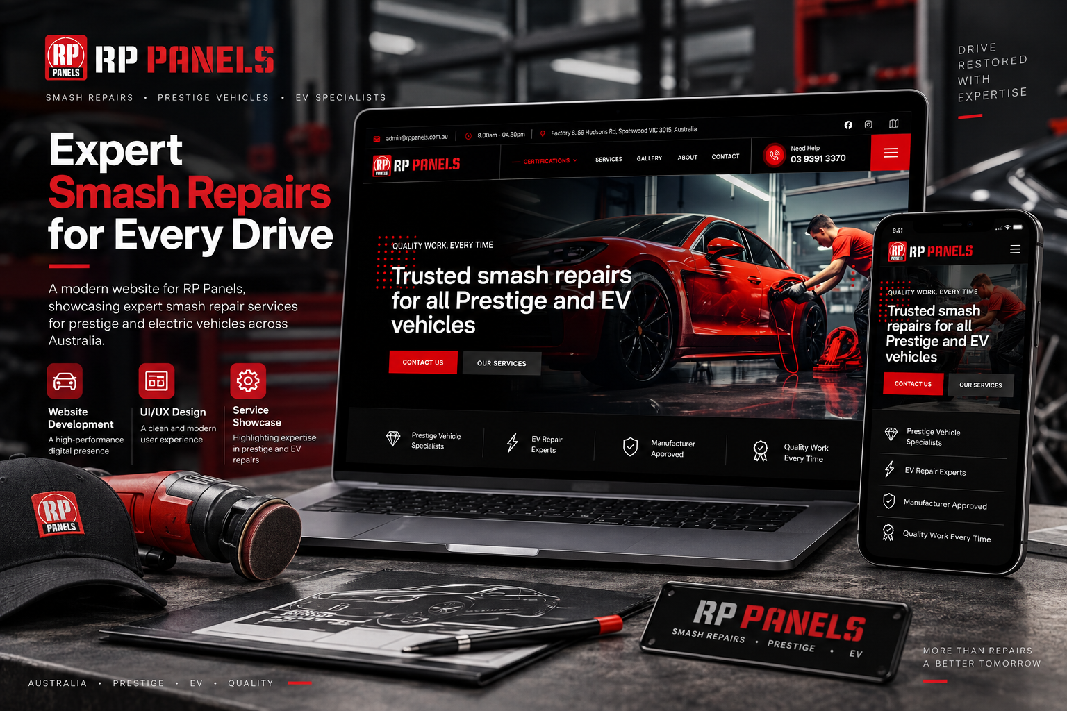 RP Panels Australia smash repair website showcasing prestige vehicle and electric vehicle repair services.