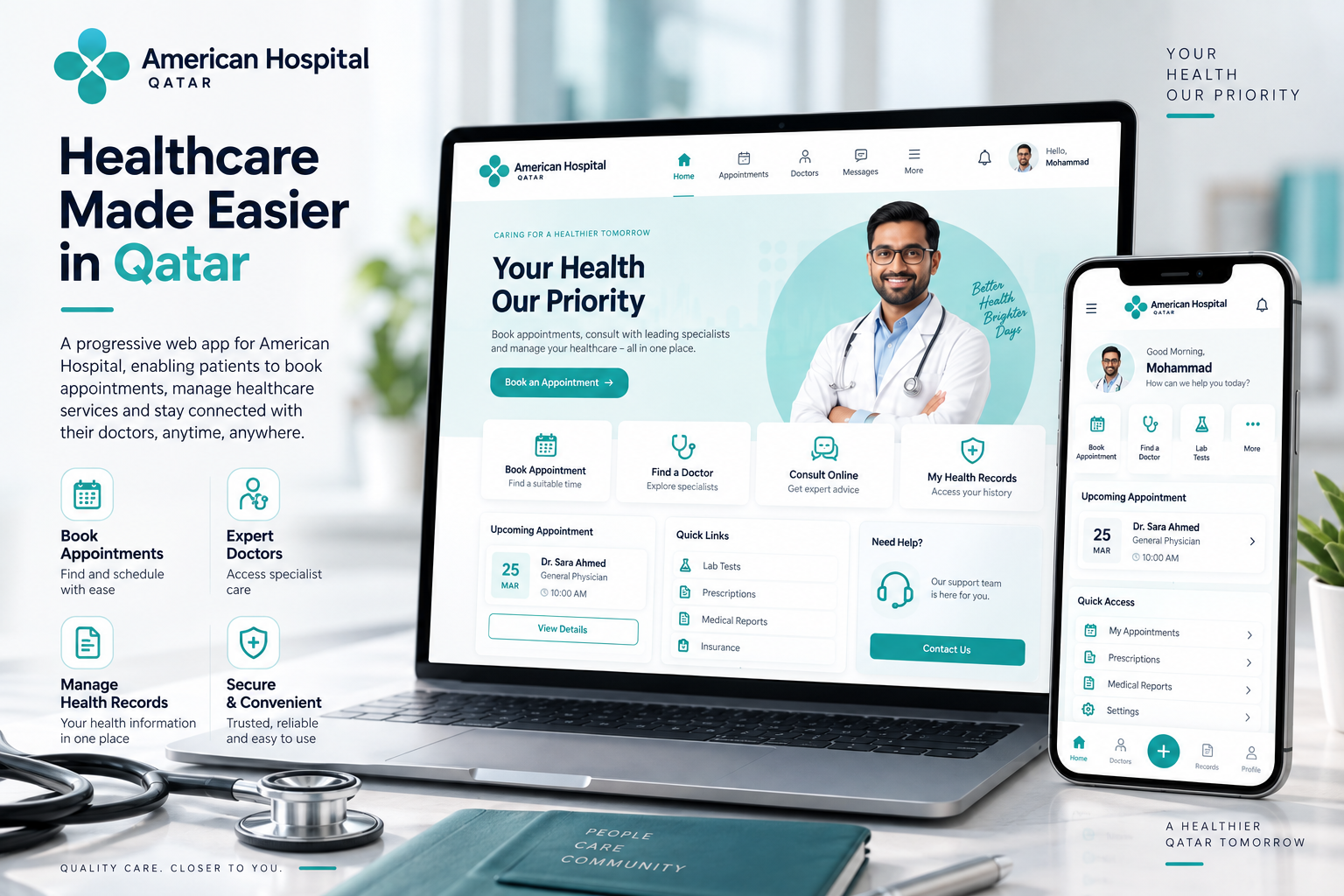 American Hospital appointment booking PWA showing healthcare services and patient appointment features across desktop and mobile devices.