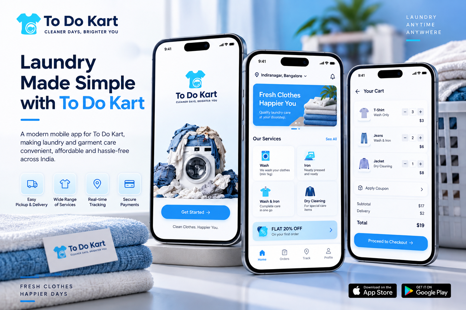 To Do Kart mobile laundry application showing service selection, garment ordering, location and payment screens.