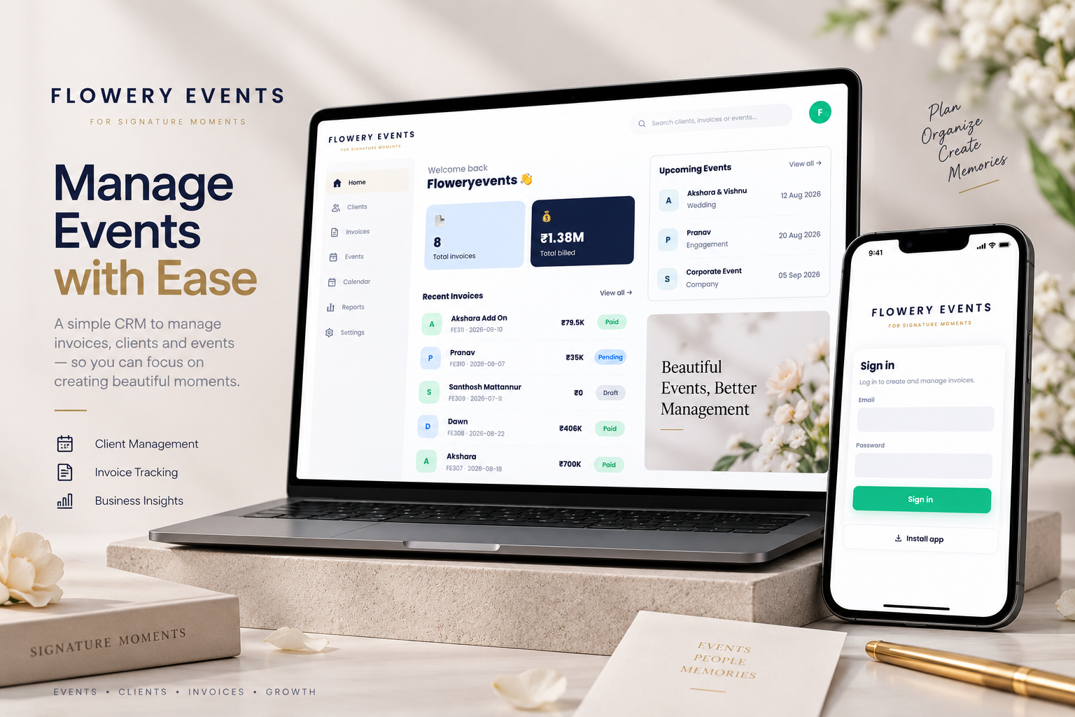 Flowery Events custom CRM web application showing invoice management, client records and business billing dashboard.