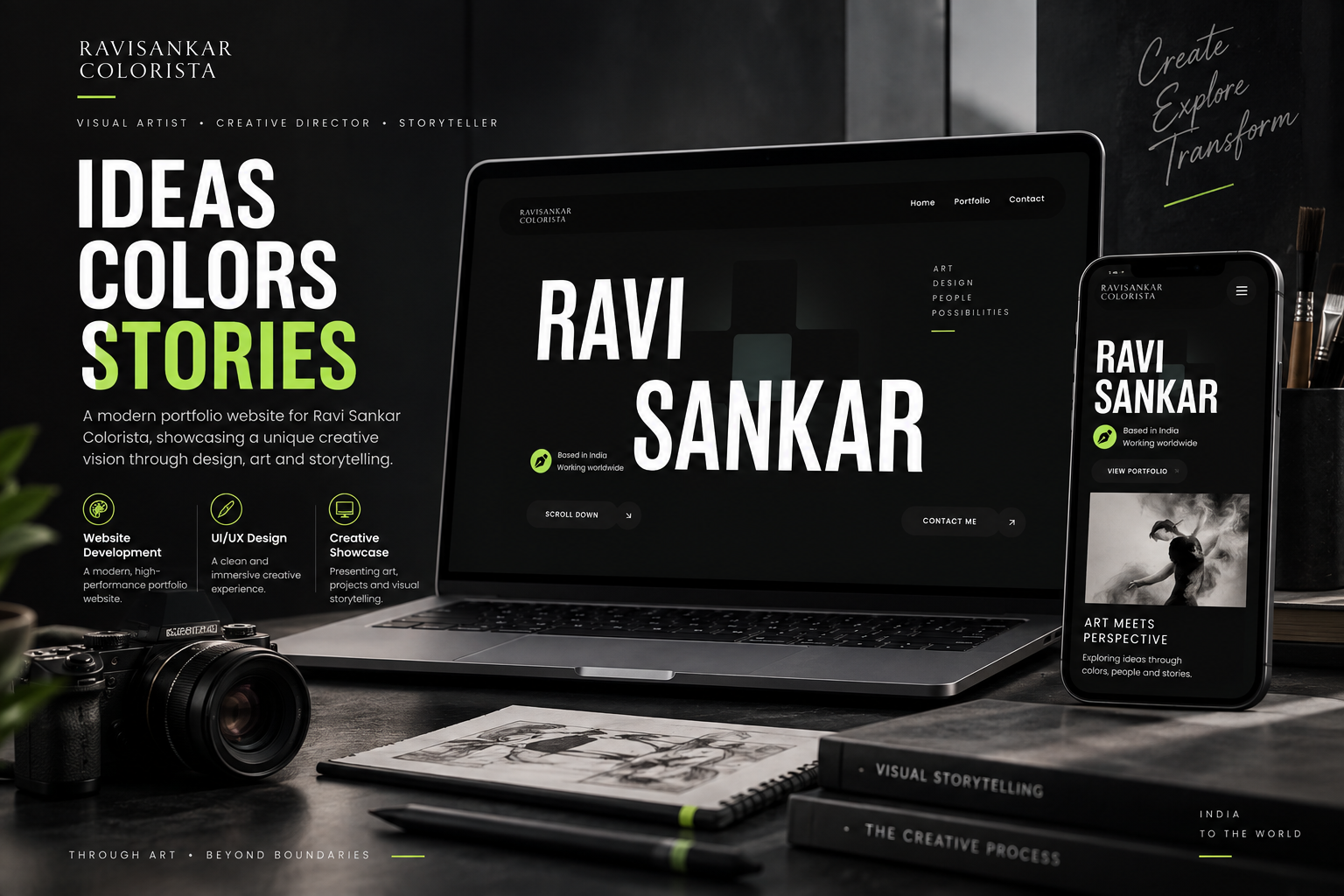 Ravi Sankar Colorista creative portfolio website featuring bold typography, dark visual design and project showcases.
