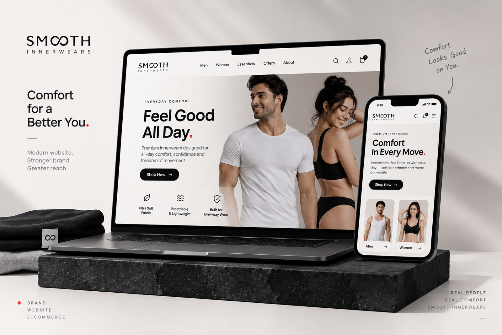 Smooth Innerwears premium ladies innerwear website displayed across desktop and mobile screens.