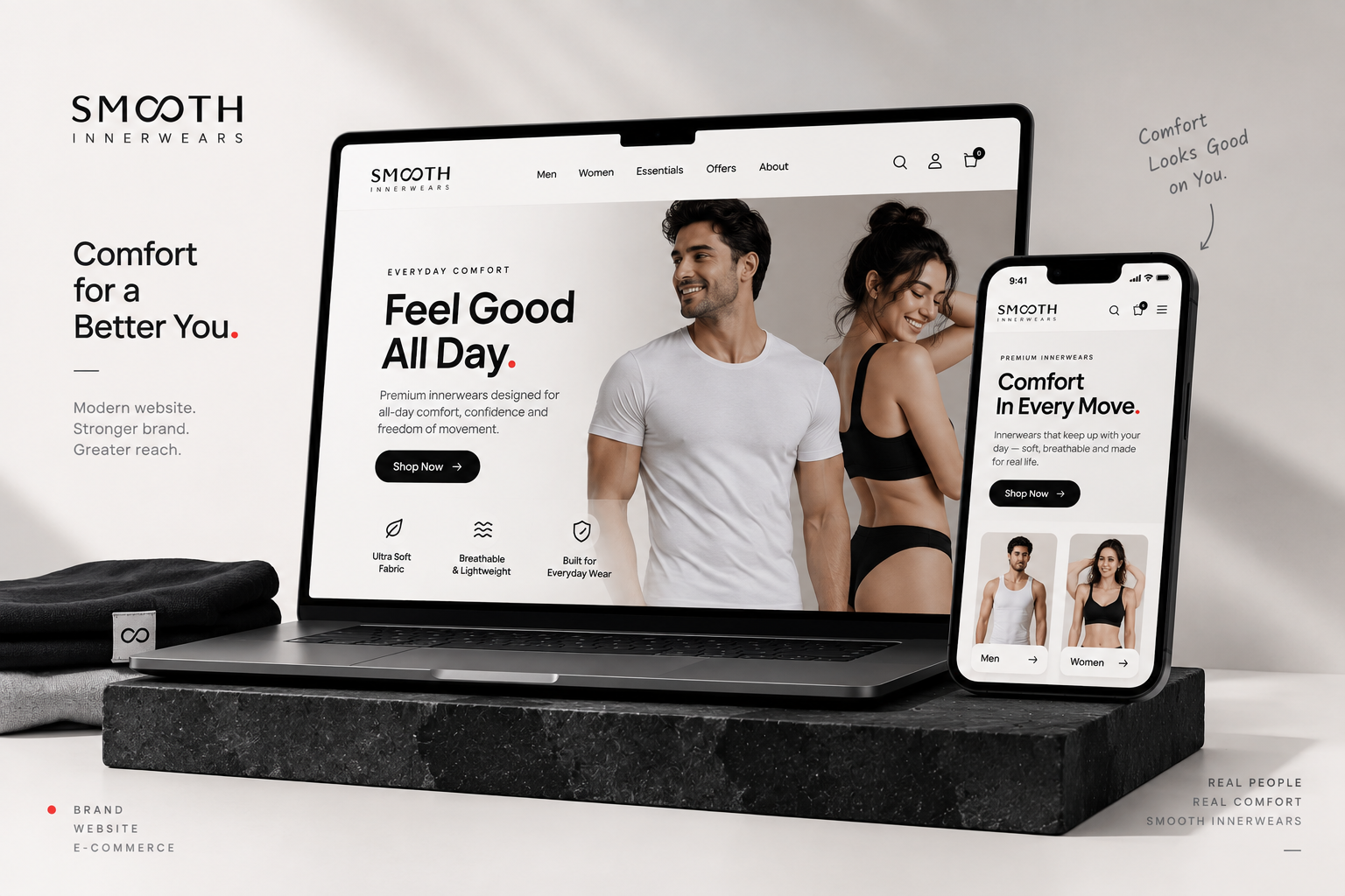 Smooth Innerwears premium ladies innerwear website displayed across desktop and mobile screens.