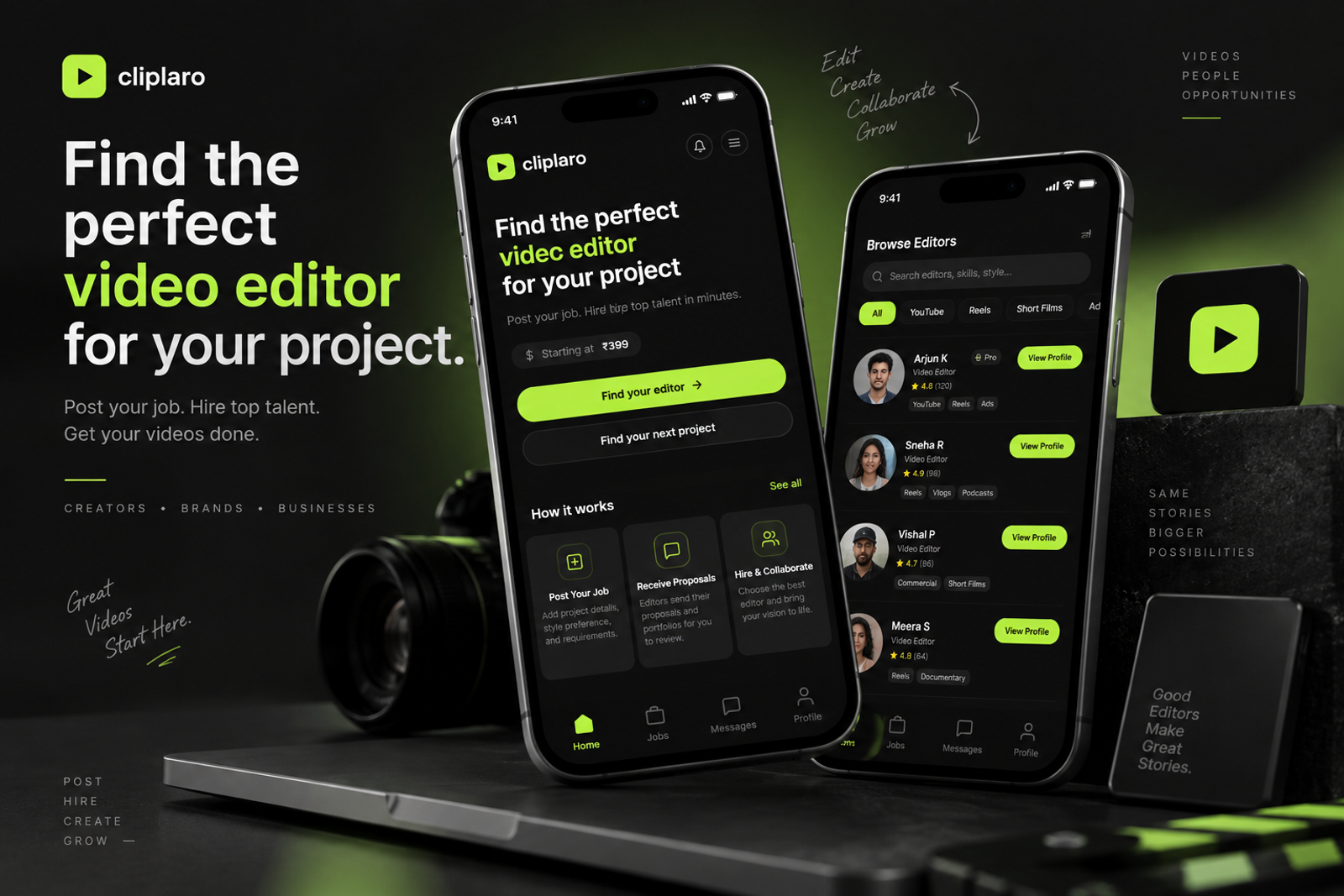 Cliplaro video editor marketplace displayed on mobile devices with job posting, editor discovery and hiring interfaces.