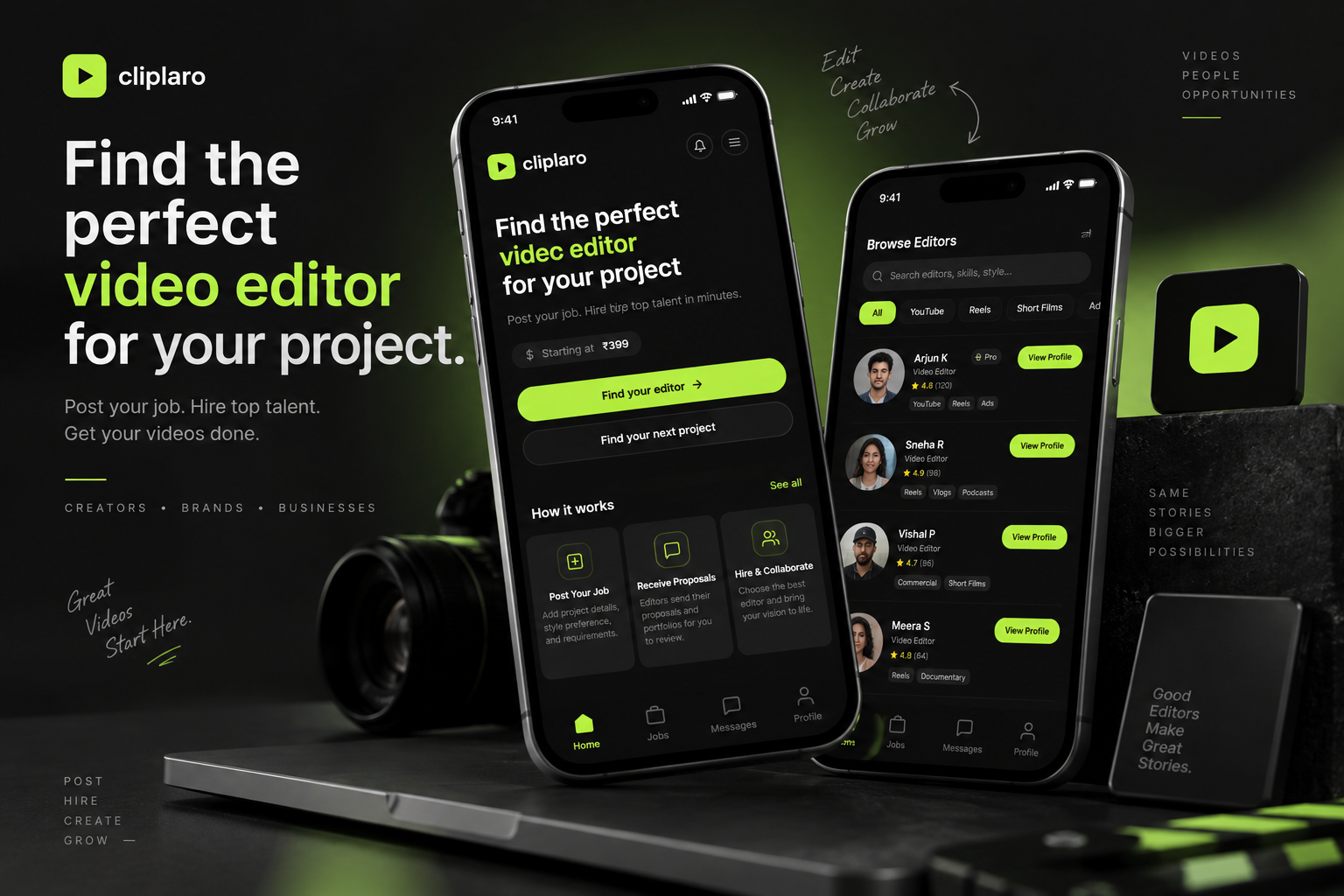 Cliplaro video editor marketplace displayed on mobile devices with job posting, editor discovery and hiring interfaces.