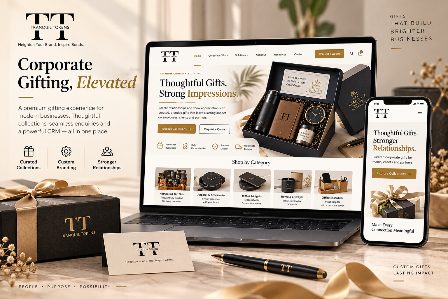 Tranquil Tokens corporate gifting website showcasing premium customised gift boxes, curated collections and branded business gifts.