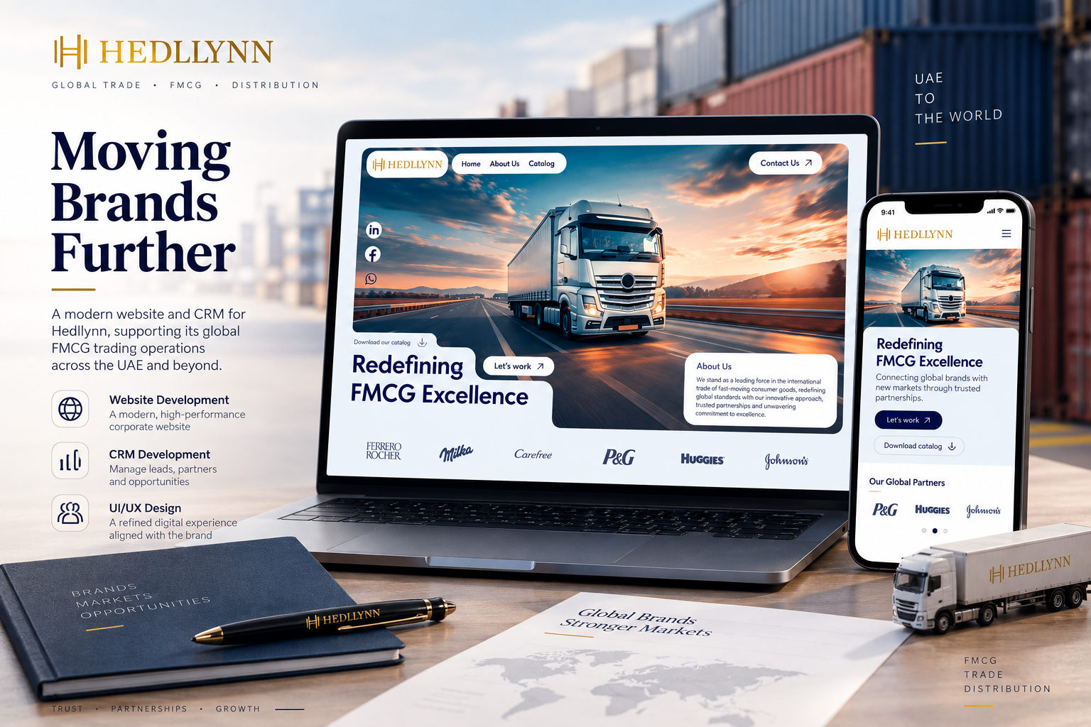 Hedllynn UAE FMCG trading website and CRM showcasing global brands, distribution services and international trade operations.