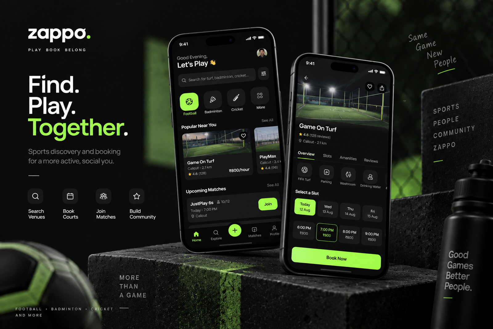 Zappo sports booking mobile app displayed on smartphone mockups featuring venue discovery, match joining and sports venue booking.