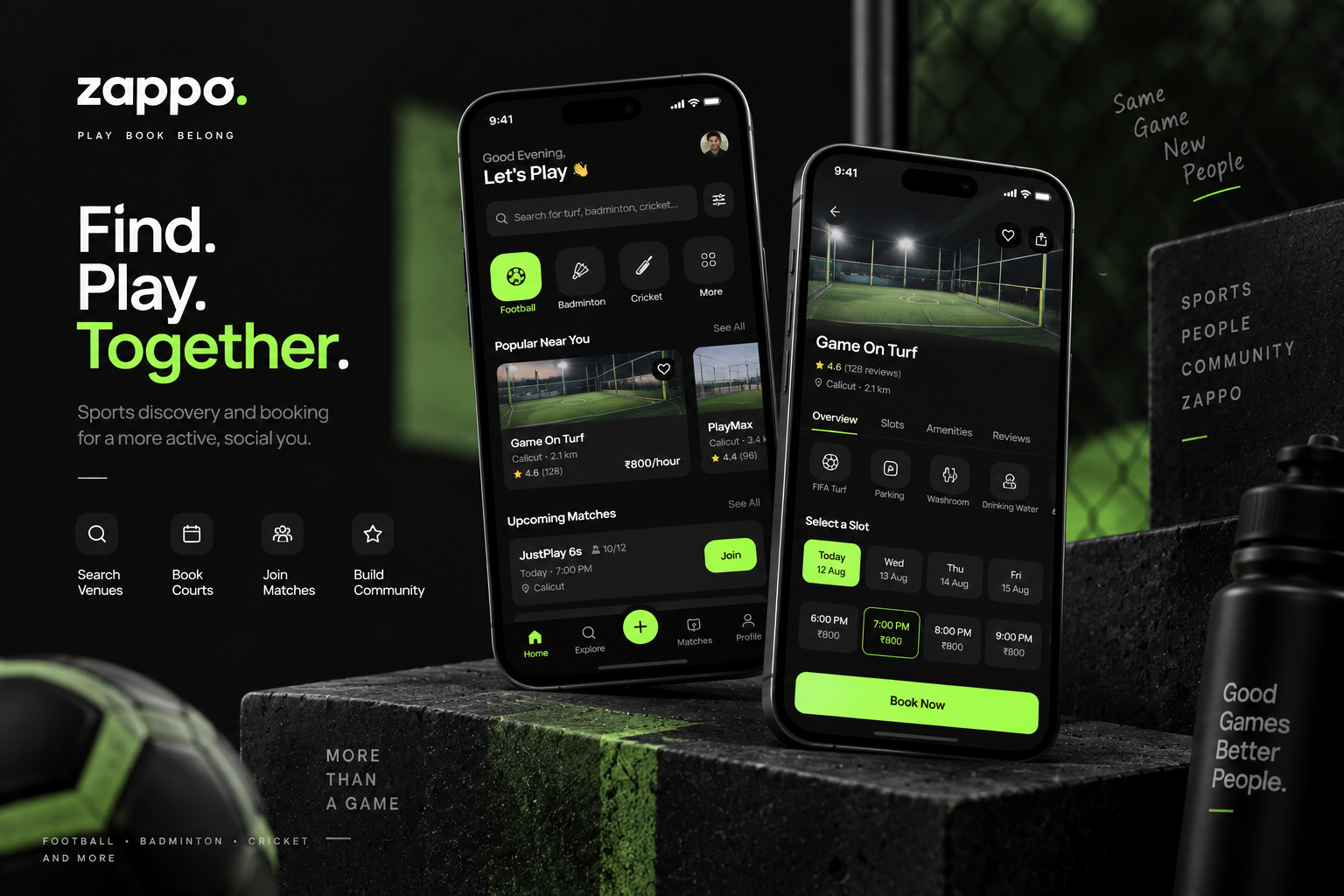 Zappo sports booking mobile app displayed on smartphone mockups featuring venue discovery, match joining and sports venue booking.