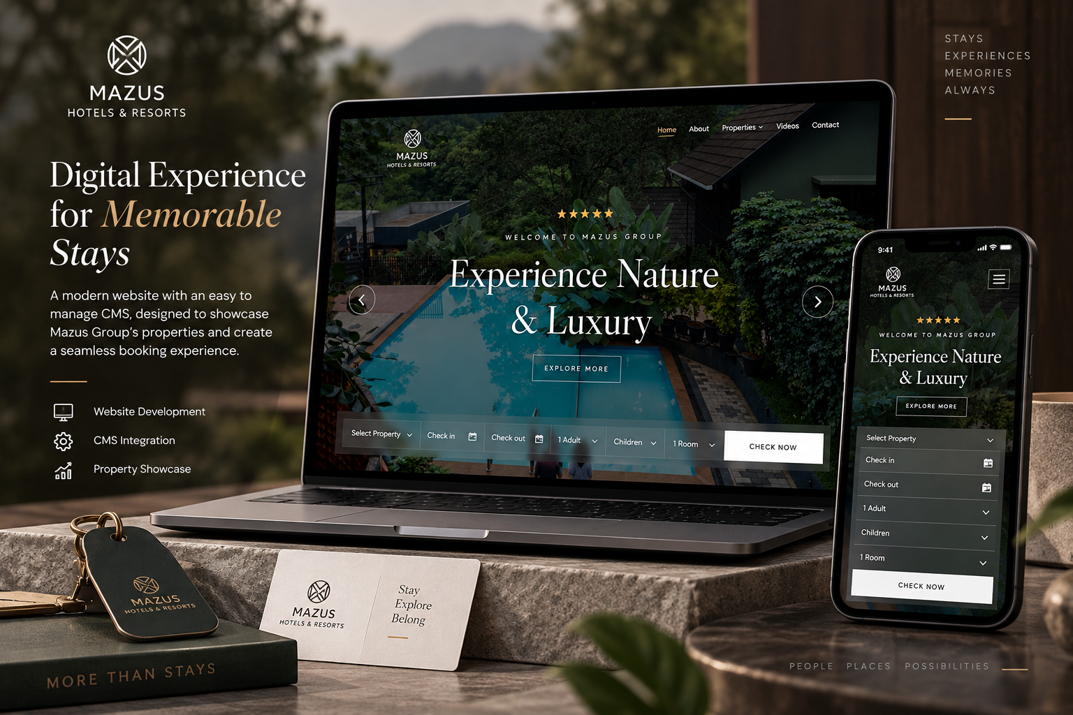 Mazus Groups hotels and resorts website showcasing luxury stays, nature-focused properties and online booking.