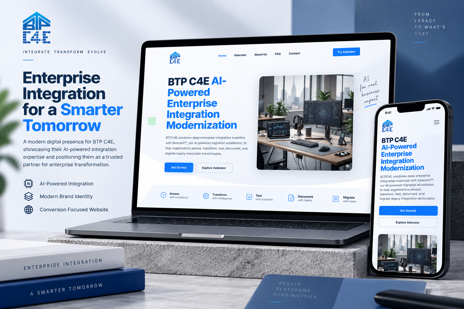 BTP C4E enterprise integration website showcasing AI-powered migration technology and Xelerator.
