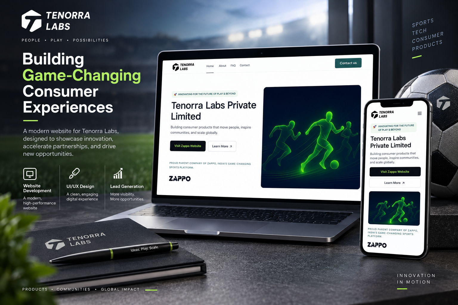 Tenorra Labs Private Limited corporate website showcasing consumer technology innovation, Zappo and sports-focused digital products.