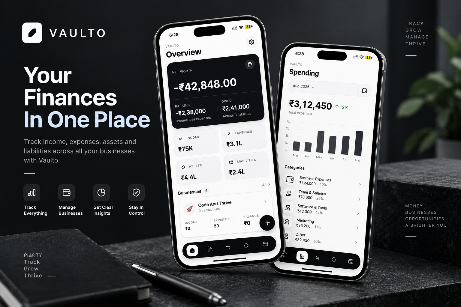Vaulto finance management mobile app showing net worth, income, expenses, assets, liabilities and multiple business finances.