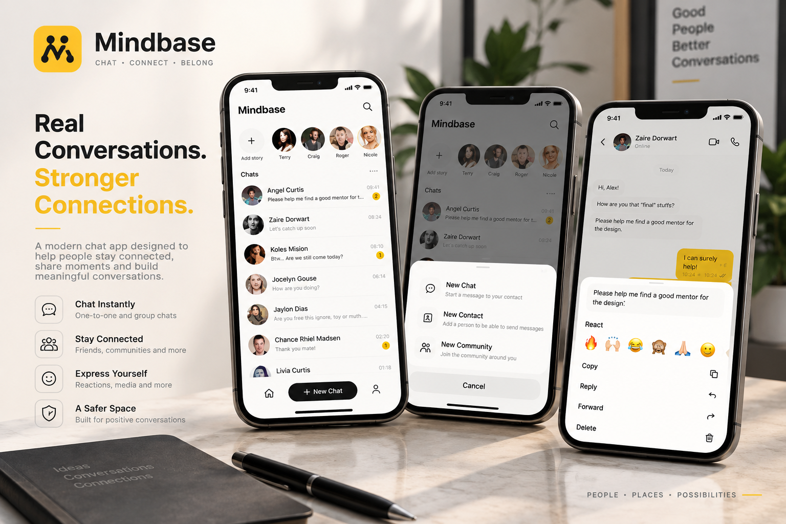Mindbase mobile chat application showing conversations, contacts, communities and interactive messaging features.