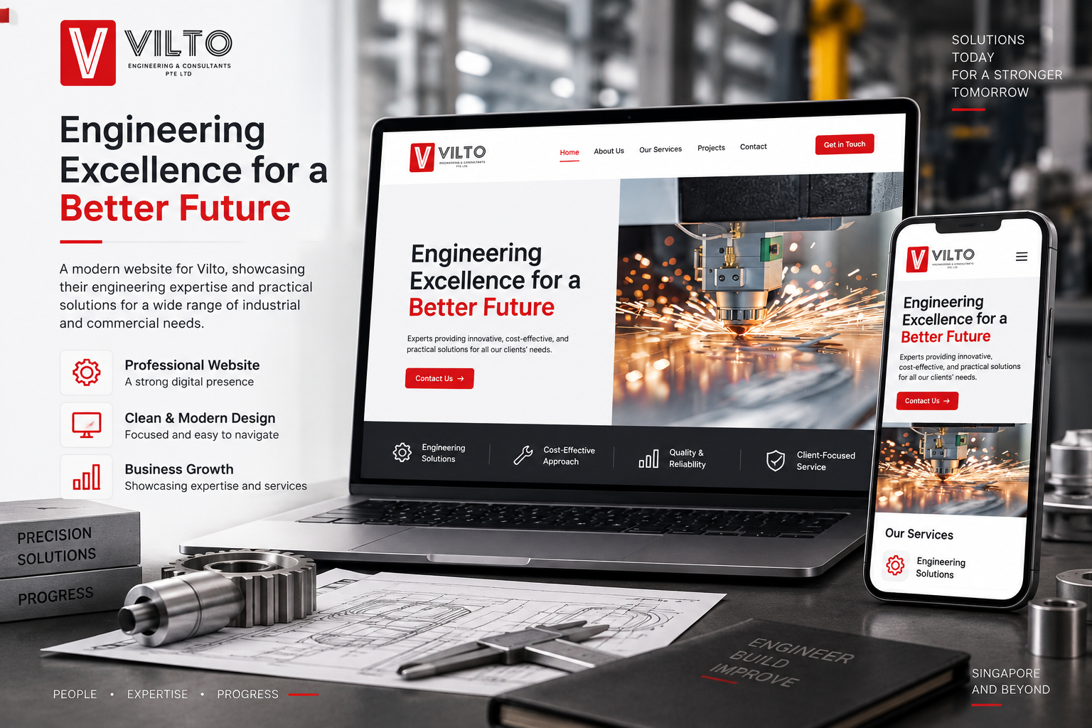 Vilto engineering and consulting website featuring industrial engineering imagery and company services.