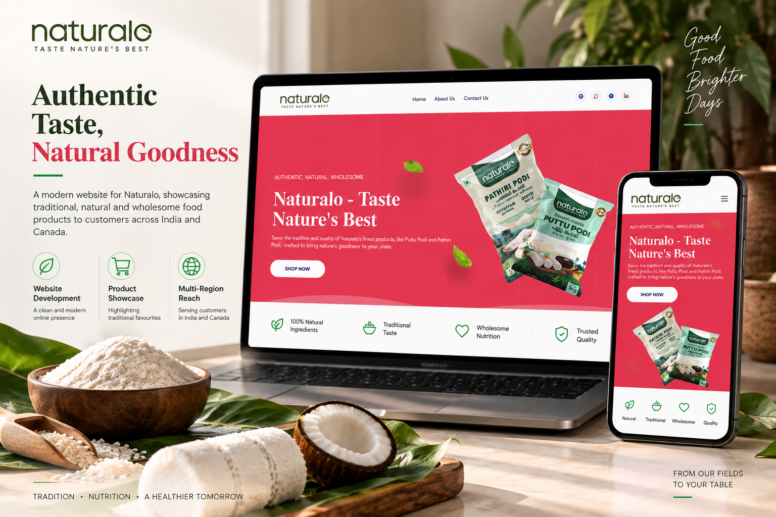 Naturalo food products website featuring traditional Puttu Podi and Pathiri Podi products.
