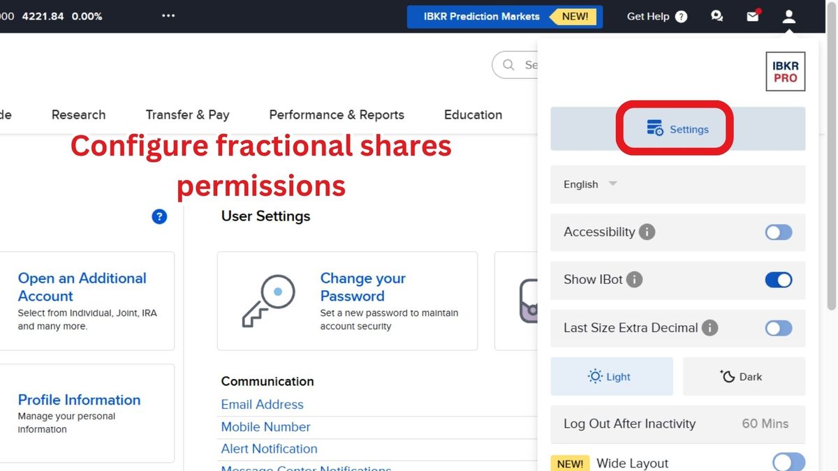 Configure fractional shares permissions - Click User Profile and Select Settings