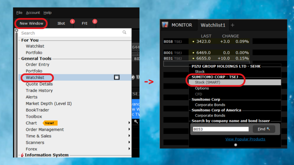 How to Add Japanese Trading Companies Stocks to Your Watchlist in IB Interactive Brokers step 1