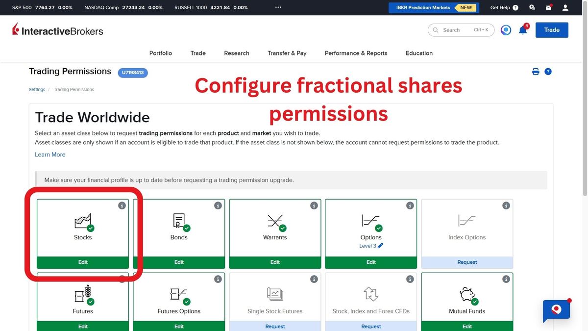 Configure fractional shares permissions - Click Edit on Stocks Card
