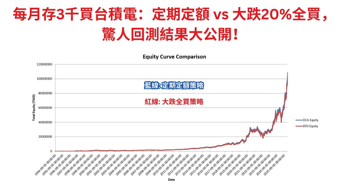 每月存3千買台積電:定期定額 vs 大跌20%全買 淨值圖