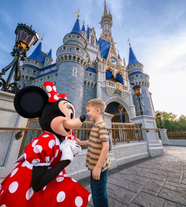 Minnie Mouse greeting a young boy in front of Cinderella Castle