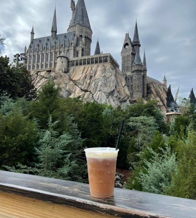 Hogwarts castle above the trees, with a butterbeer on the railing