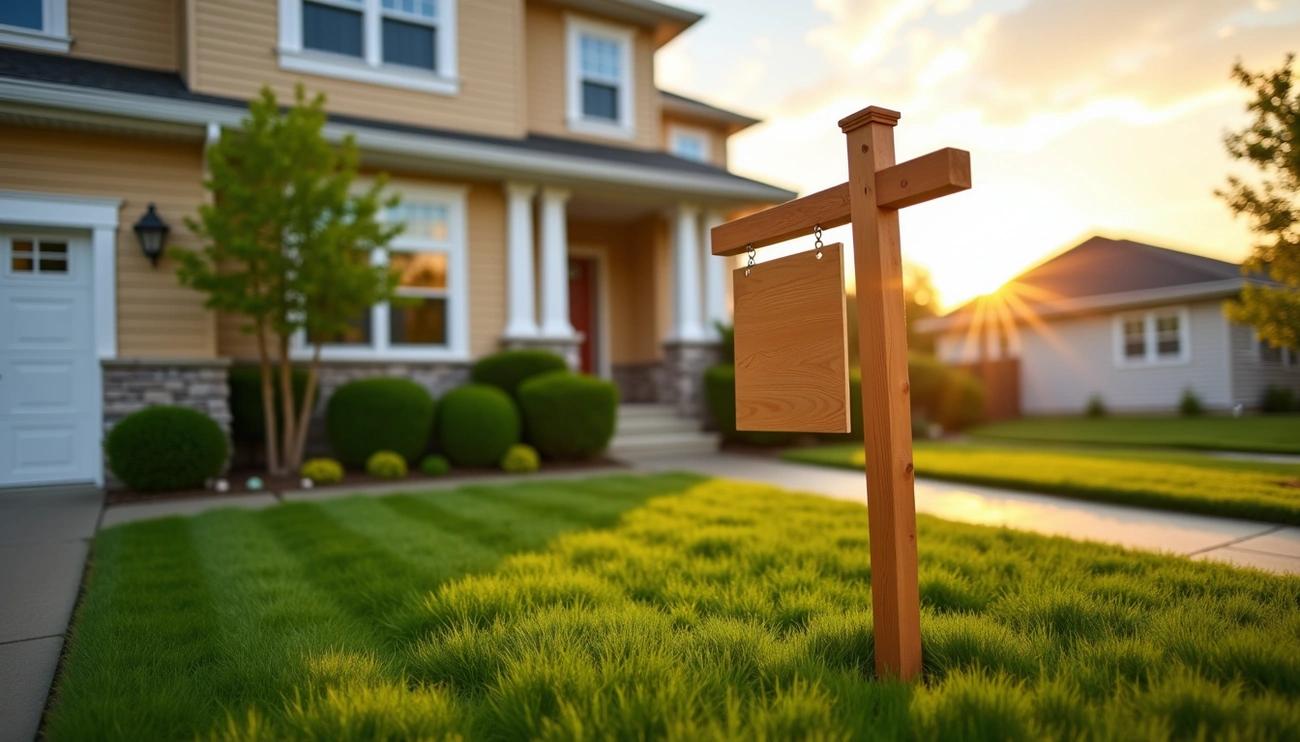 For sale sign in front of a suburban house during sunset representing the 2026 housing market.