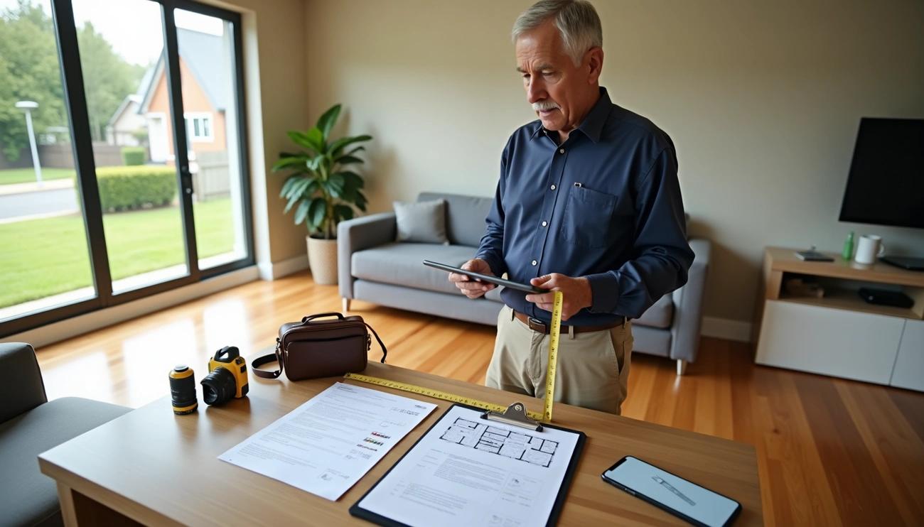 Home appraiser evaluating property value during house appraisal inspection