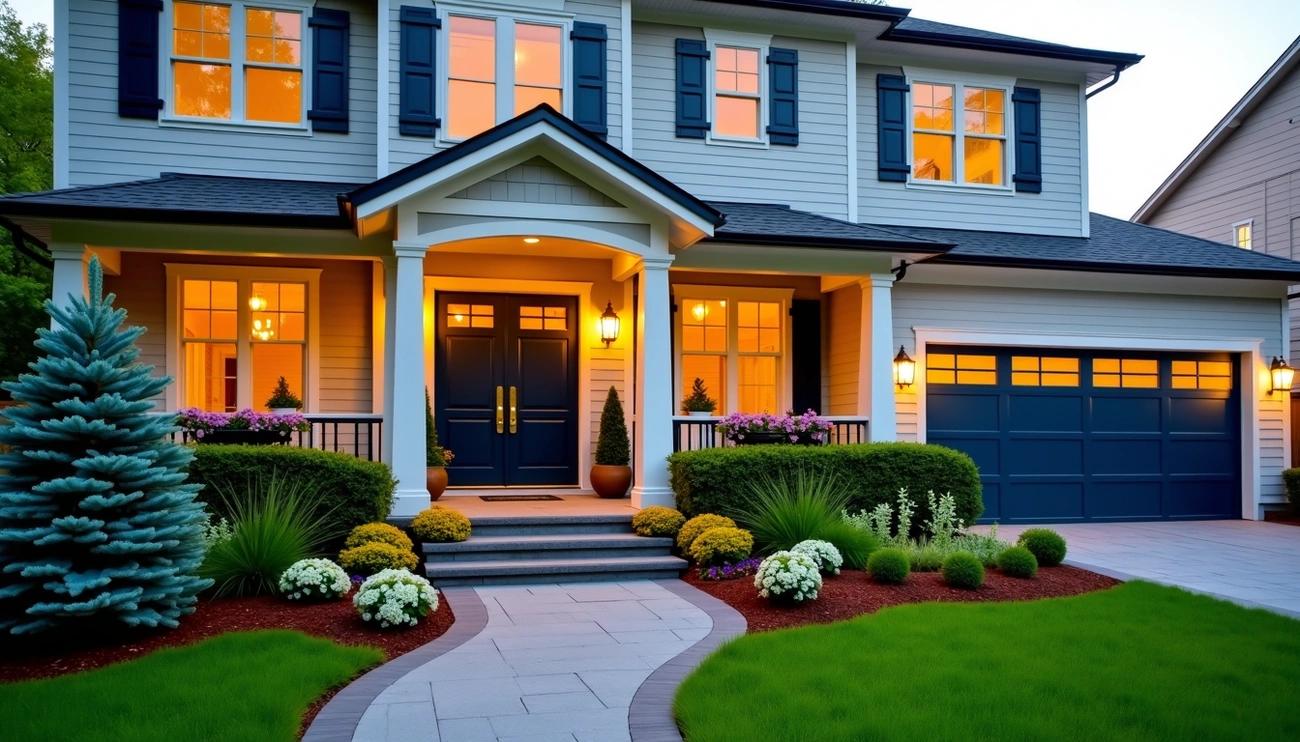curb appeal ideas with landscaped front yard, modern exterior lighting, and welcoming home entrance