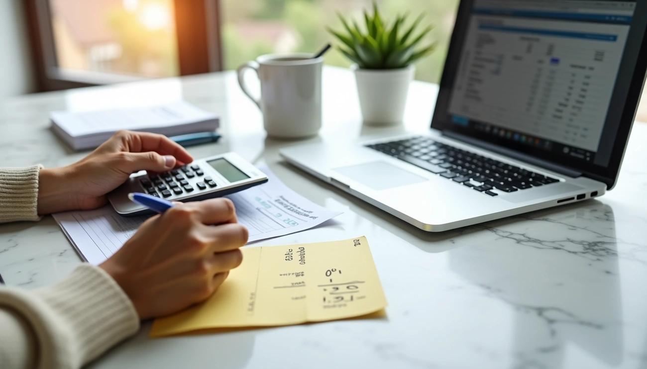 Person calculating home equity using a calculator and mortgage documents