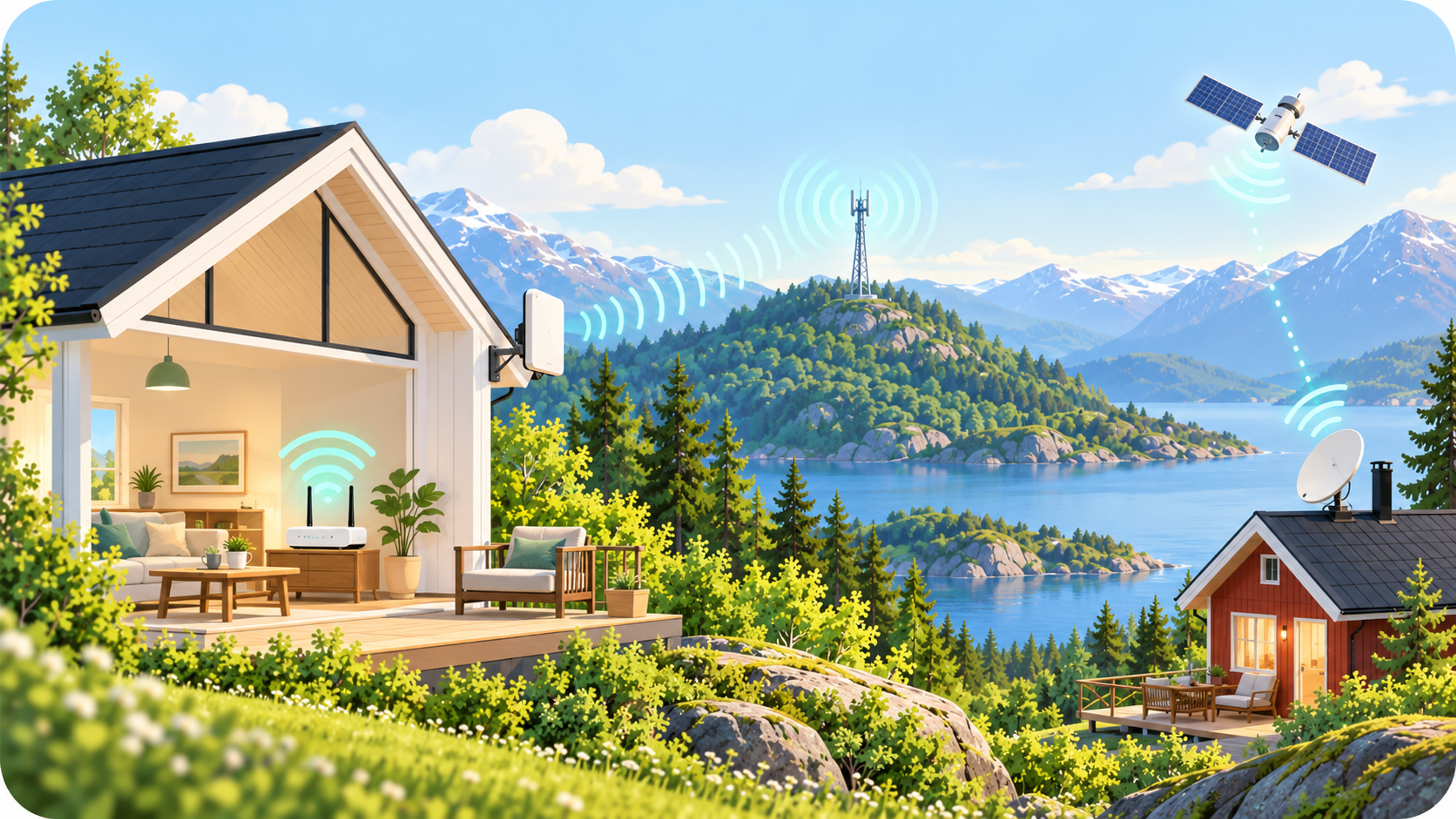 Alternativer til fiber illustrasjonsbilde med hus, hytter og satellitter osv