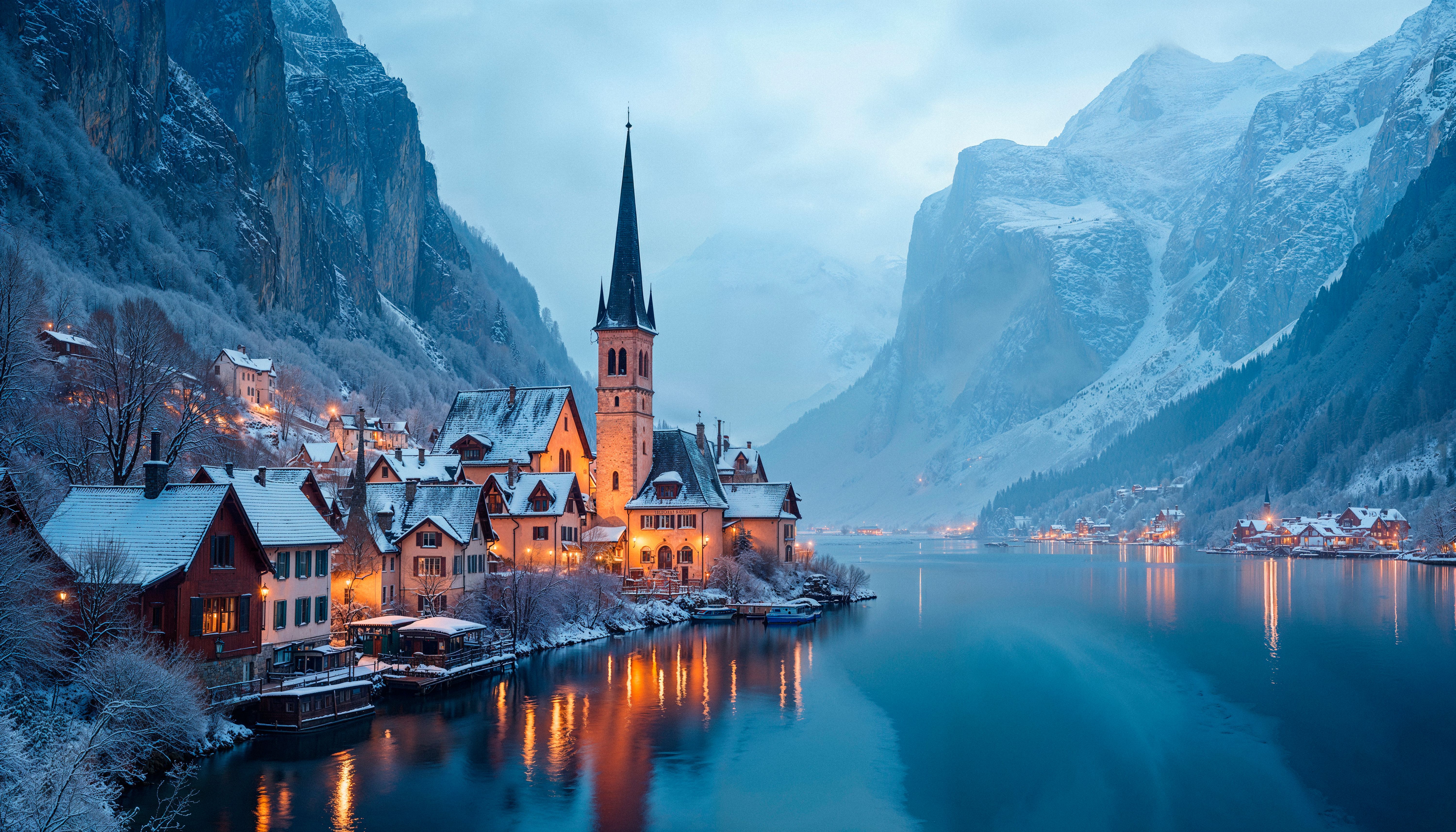 Bilde fra en fjord i Norge om vinteren. Idyllisk vinter med hus og kirke i bakgrunnen.
