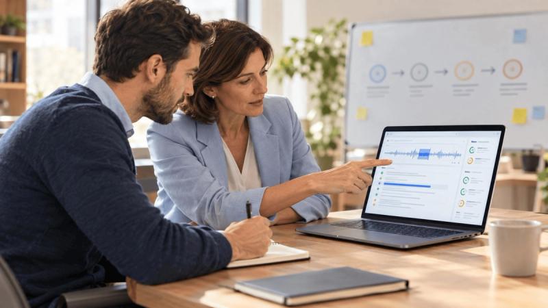 Sales Manager coaching session: a coach points to a call recording on a laptop while the manager takes notes