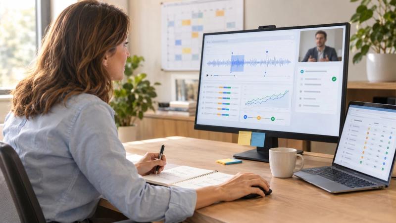 Sales manager reviewing a recorded sales call in a sales coaching tool and taking notes at her desk