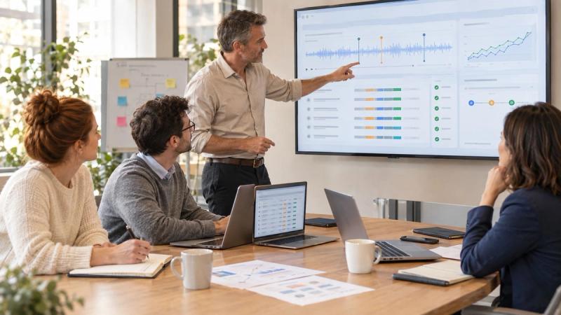 Sales team evaluating an AI sales coaching platform as a manager points to call analysis on a wall screen