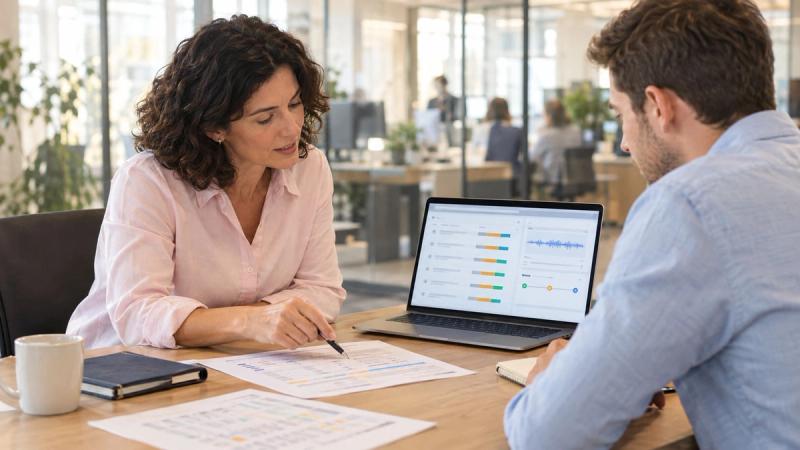 Sales manager walks a rep through a sales coaching scorecard, with call scores and a recording on a laptop