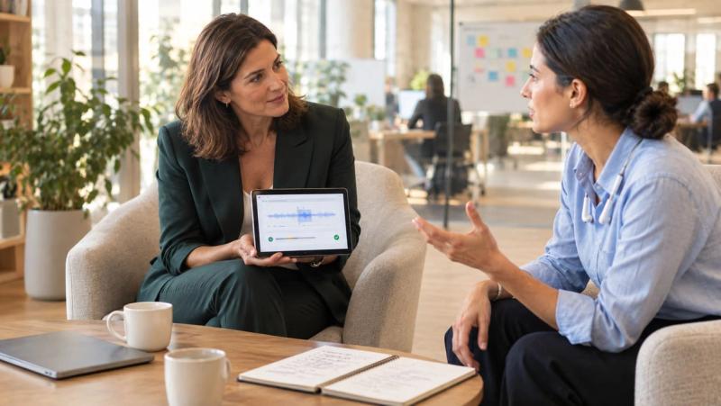 Sales call coaching session: a manager shows a rep a highlighted call moment on a tablet during a one-to-one
