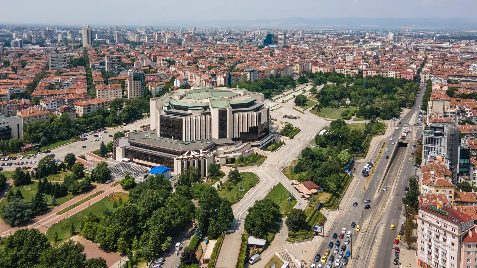 Aerial view of Sofia around the National Palace of Culture