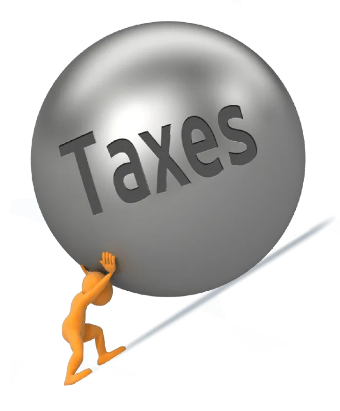 Illustration of a small figure pushing a large sphere labelled Taxes up a slope