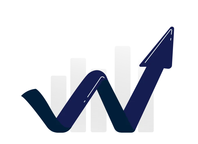 An upward zigzag arrow rising in front of five bars of increasing height