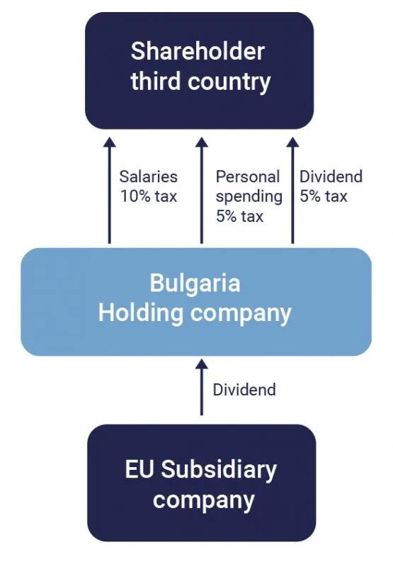 Diagram of a holding structure: an EU subsidiary pays dividends up to a Bulgarian holding company, whose third-country shareholder is taxed 10% on salaries, 5% on personal spending and 5% on dividends
