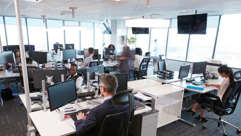 A busy open-plan office with staff at their workstations